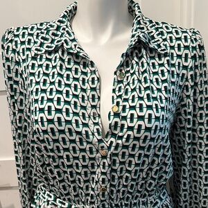 Emma & Michele Green, Black & White Patterned Long Sleeve Dress